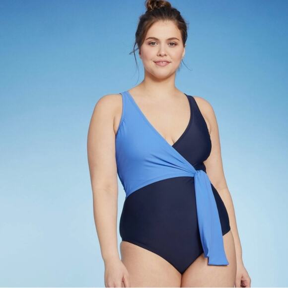 Kona Sol Blue Colorblock Wrap Front One-Piece Swimsuit Small NWT - Picture 12 of 12
